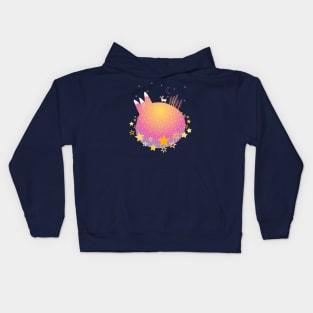 "Home Planet" in teal, pink, and yellow with a ring of yellow stars - a whimsical world Kids Hoodie